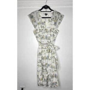 Talbots Dress Womens 12P White Coastal Print Belted V-Neck Cotton Lined Midi